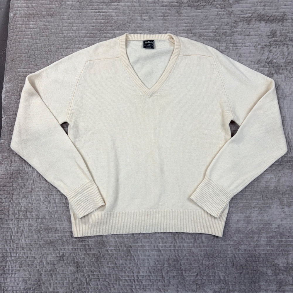 John‎ Martin Mens V-Neck Lambswool Blend Sweater Cream Off-White Vintage Large